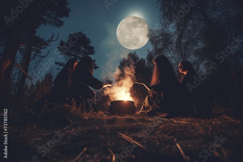 A coven of witches gather around a bubbling cauldron, chanting under the pale moonlight.