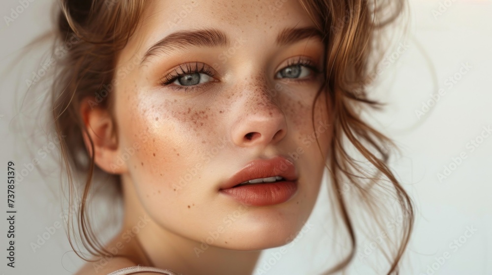 Youth and skin care concept. Highly-detailed close up portrait of pretty teenage girl with perfect clean freckled skin and green eyes looking at the camera Youth and skin care concept. Highly-detailed close up portrait of pretty teenage girl with perfect clean freckled skin and green eyes looking at the camera