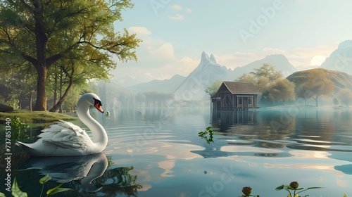 An affluent swan depicted in calm waterside scenes. Creative resource photo