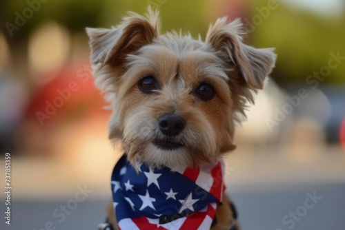 A cute dog wearing USA flag bandana on its neck