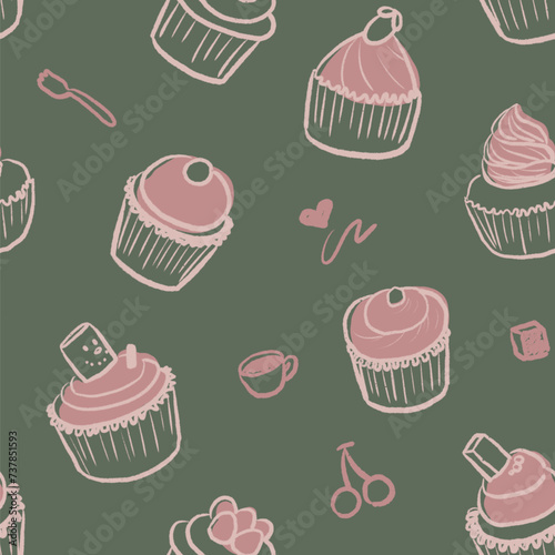 Hand drawn cupcakes vintage style seamless pattern 
