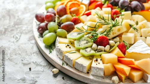 A beautifully arranged platter of organic cheeses and fruits for a healthy appetizer