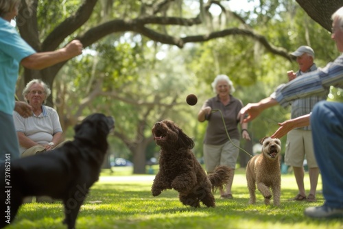 A group of playful senior dogs participating in a dog agility course, demonstrating their fitness and active lifestyle.