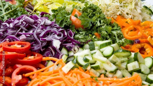 A freshly prepared organic salad with a rainbow of vegetables, drizzled with olive oil