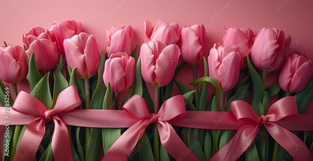 Fototapeta premium Pink tulips tied with a ribbon against a pink background