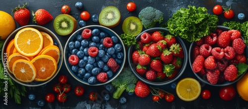 Assorted fresh fruits and vegetables in separate bowls.