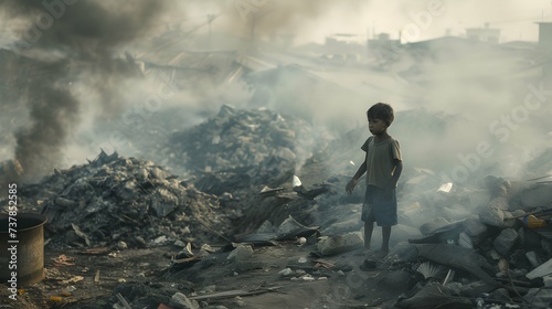 A poor little boy stands in a smoking dump on the outskirts of a slum. Poverty and hunger concept. Help hungry children.  photo