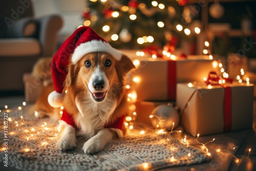 A heartwarming scene of a pet dressed in festive attire, surrounded by twinkling lights and presents. Promote responsible pet ownership during holidays and beyond