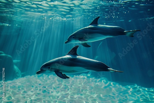 a pair of dolphins playing in sunrays underwater. World aquatic Animal day