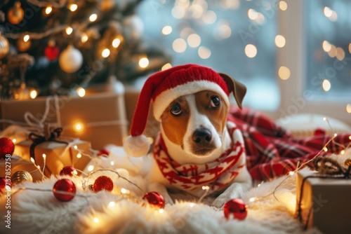 A heartwarming scene of a pet dressed in festive attire, surrounded by twinkling lights and presents. Promote responsible pet ownership during holidays and beyond © Polina