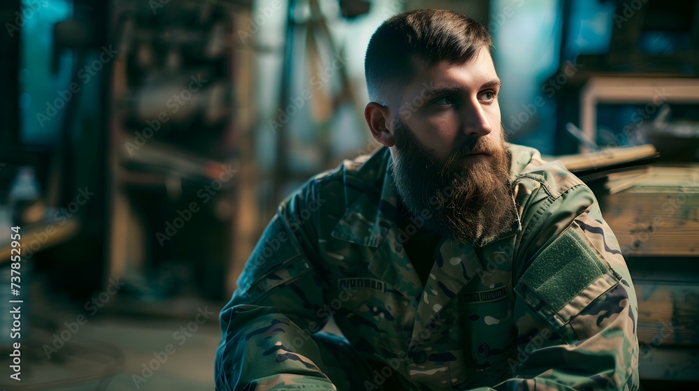 A military man, an artist in peaceful life, in quiet times. A man in camouflage clothing sits against a blurred background of an old workshop. Bearded, handsome, kind European. Military concept