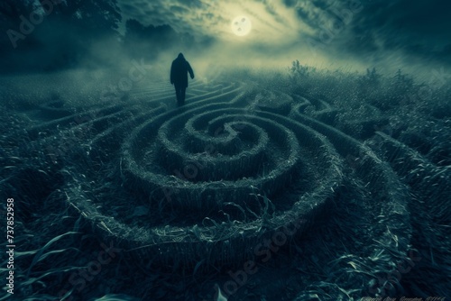 A lone figure wanders through a towering corn maze at night, moonlight filtering through the leaves, creating eerie shadows and whispers of unseen creatures.