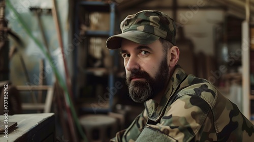 A military man, an artist in peaceful life, in quiet times. A man in camouflage clothing sits against a blurred background of an old workshop. Bearded, handsome, kind European. Military concept © PSCL RDL