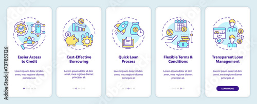 P2P for borrowers onboarding mobile app screen. Lending advantages walkthrough 5 steps editable graphic instructions with linear concepts. UI, UX, GUI template. Myriad Pro-Bold, Regular fonts used