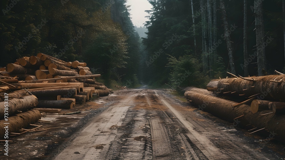 A dirt road surrounded by logs and trees A dirt road surrounded by logs and trees