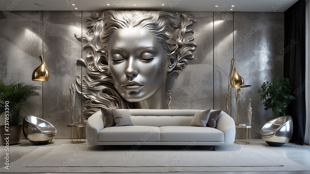 contemporary living room, sofa, couch, woman face sculpture,  - obrazy, fototapety, plakaty 