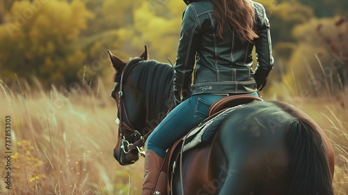 A graceful cowgirl on a horse wearing jeans a leather jacket and boots Slim and athletic body Portrait in nature Equestrian scene photo