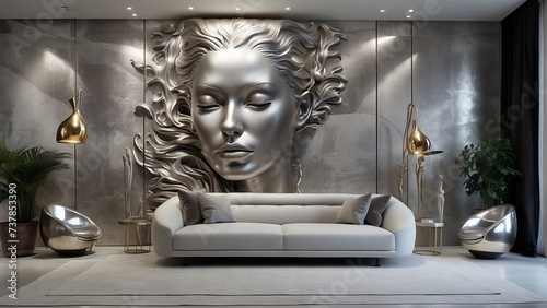 contemporary living room, sofa, couch, woman face sculpture,  photo