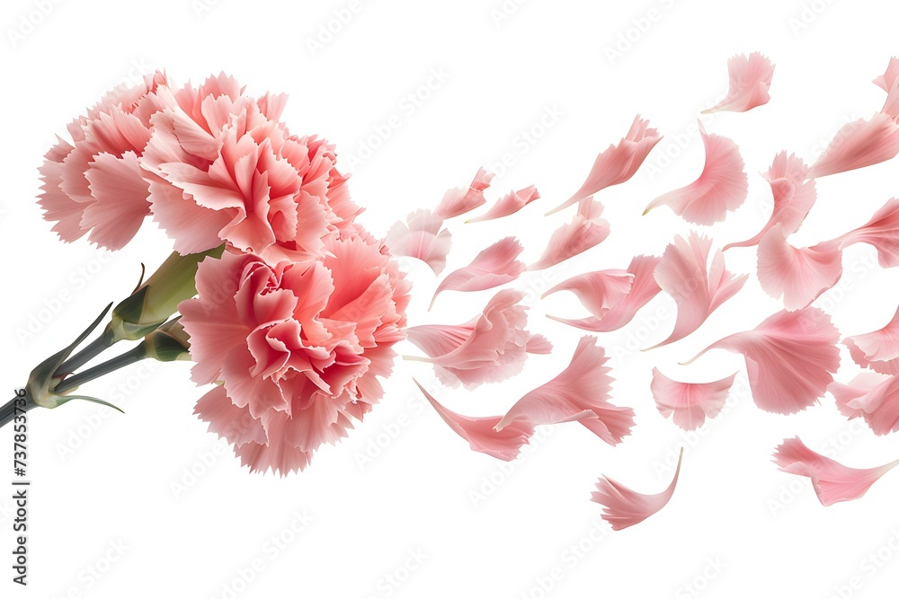Pink carnation flower and petals floating in the air isolated on white. Concept Floral Still Life, Floating Petals, Pink Carnation, Isolated White Background