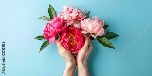 Fototapeta Naklejka Na Ścianę i Meble -  Vibrant bouquet of peonies cradled by a woman's hands against a blue backdrop. Concept Floral Still Life, Peony Photography, Hands and Flowers, Blue Background, Vibrant Bouquet