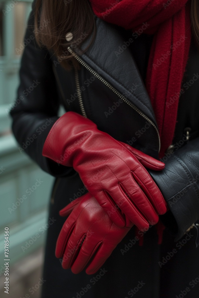 Chic leather gloves in a bold crimson red, accessorizing a cutting-edge street style outfit,