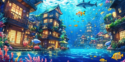 Colorful underwater city building with colorful coral reefs. Anime art style