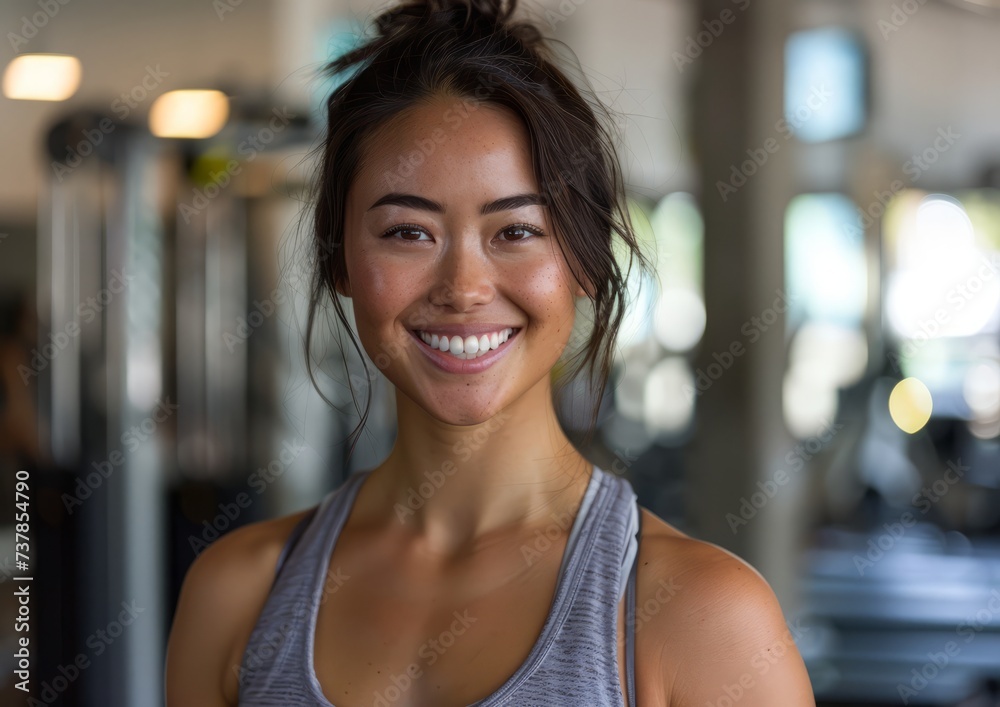 a smiling Asian woman with a bun hairstyle, wearing a tank top in a gym with exercise machines in the background
