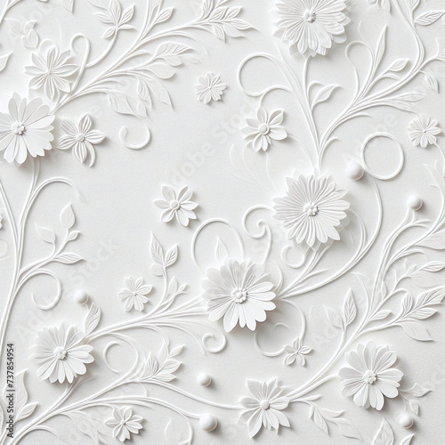 White paper flowers on a white background. Floral pattern in vintage style.