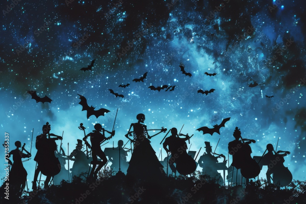 A spooky symphony orchestra plays under a starlit sky, skeletons conduct, bats flutter between instruments