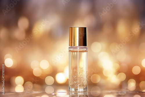 Luxury serum cosmetic bottle on shiny gold background