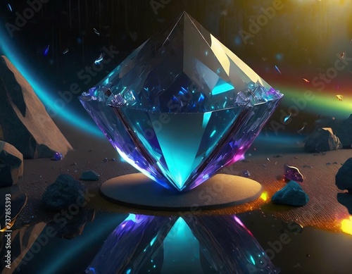 illustration of transparent crystal  diamond like gemstone reflection on light glow with rai
