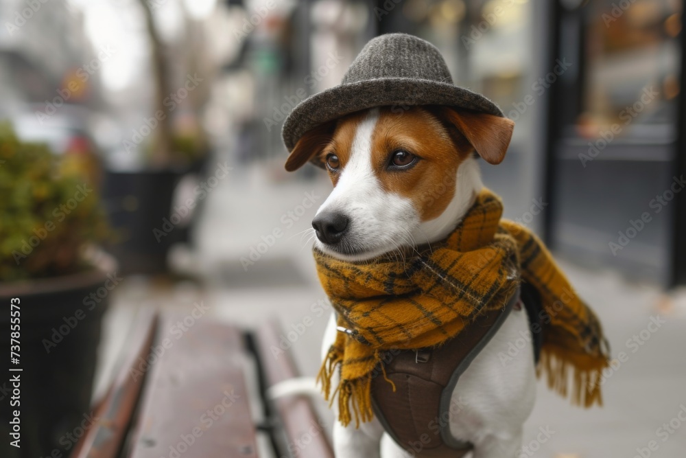 A stylish dog strutting down a miniature runway, showcasing a variety of pet clothing and accessories. A stylish dog strutting down a miniature runway, showcasing a variety of pet clothing and accessories.