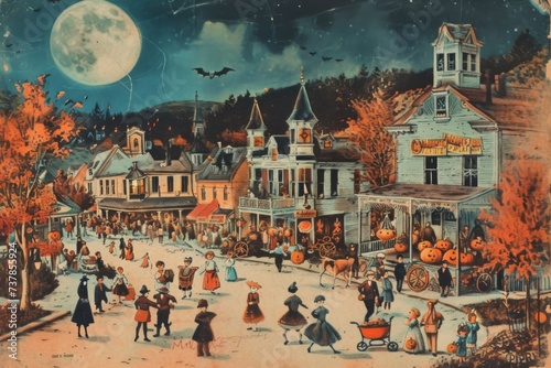 A vintage Halloween postcard depicts a bustling town square