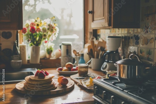 A warm kitchen scene captures the simple pleasure of making breakfast