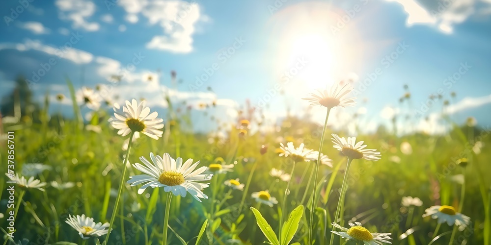 A picturesque summer scene: sunlit meadow adorned with wild daisies under a blue sky. Concept Nature's Beauty, Sunlit Meadow, Wild Daisies, Blue Sky, Summer Serenity A picturesque summer scene: sunlit meadow adorned with wild daisies under a blue sky. Concept Nature's Beauty, Sunlit Meadow, Wild Daisies, Blue Sky, Summer Serenity