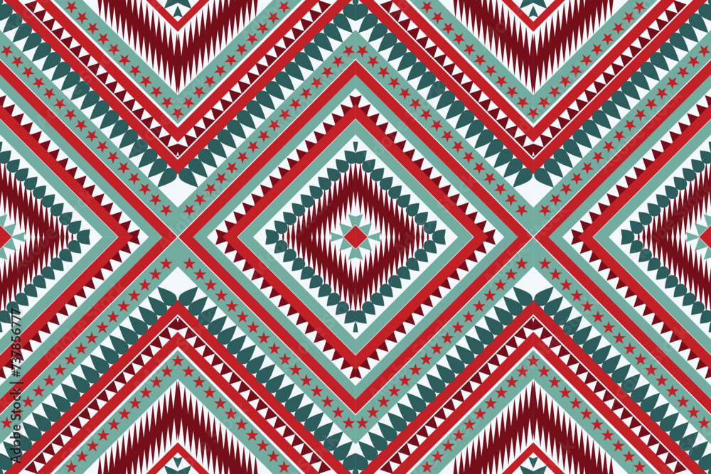 mexico pattern ethnic designs geometric shapes Triangular color tear drop ikat Green red brown white tribal pattern designs pattern for Textile printing business Wallpaper, carpet fabric Cushions