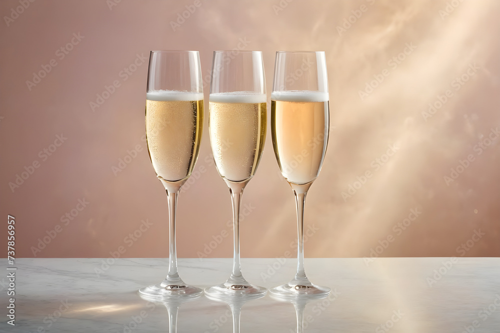 Three champagne glasses awaiting a celebratory toast, crystal clarity, simplistic elegance, on a soft-focused, single-color background, hues of gentle pastels. Generative AI Three champagne glasses awaiting a celebratory toast, crystal clarity, simplistic elegance, on a soft-focused, single-color background, hues of gentle pastels. Generative AI