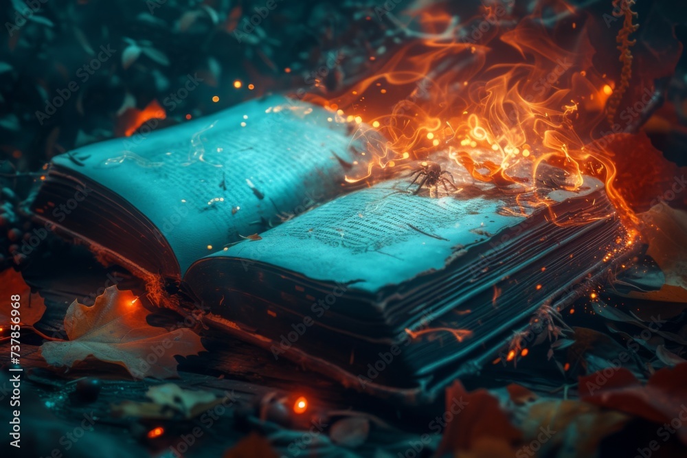 An ancient spellbook lies open, illuminated by spectral flames, its ...