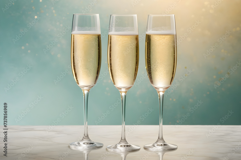 Three champagne glasses awaiting a celebratory toast, crystal clarity, simplistic elegance, on a soft-focused, single-color background, hues of gentle pastels. Generative AI