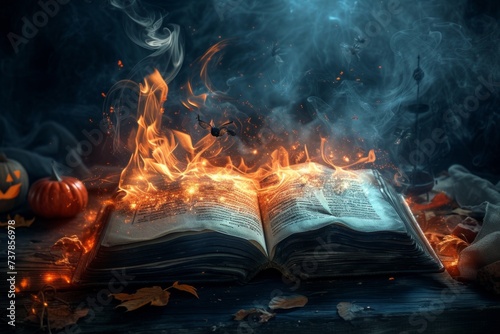 An ancient spellbook lies open, illuminated by spectral flames, its pages filled with cryptic symbols and forgotten rituals photo