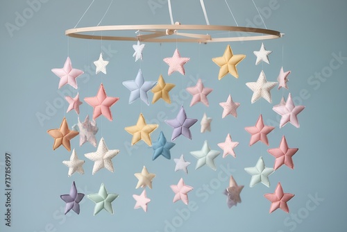 A fabulous mobile with soft toy stars  flooded with warm shining light
