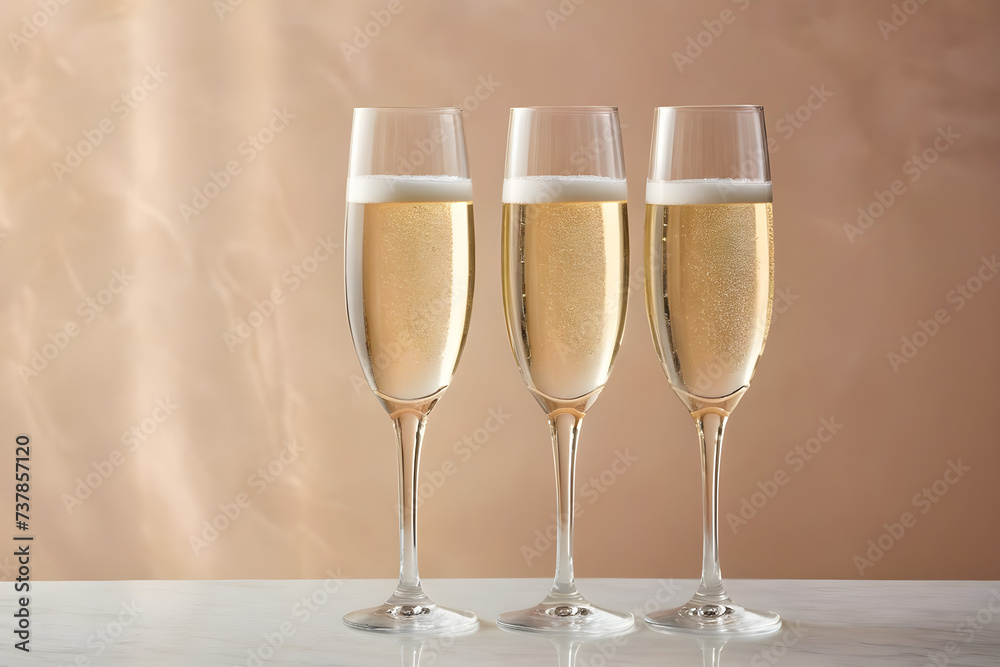 Three champagne glasses awaiting a celebratory toast, crystal clarity, simplistic elegance, on a soft-focused, single-color background, hues of gentle pastels. Generative AI Three champagne glasses awaiting a celebratory toast, crystal clarity, simplistic elegance, on a soft-focused, single-color background, hues of gentle pastels. Generative AI