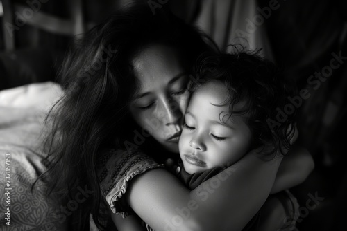 As the day comes to a close, a child gives their mother a warm hug and a kiss goodnight © Polina