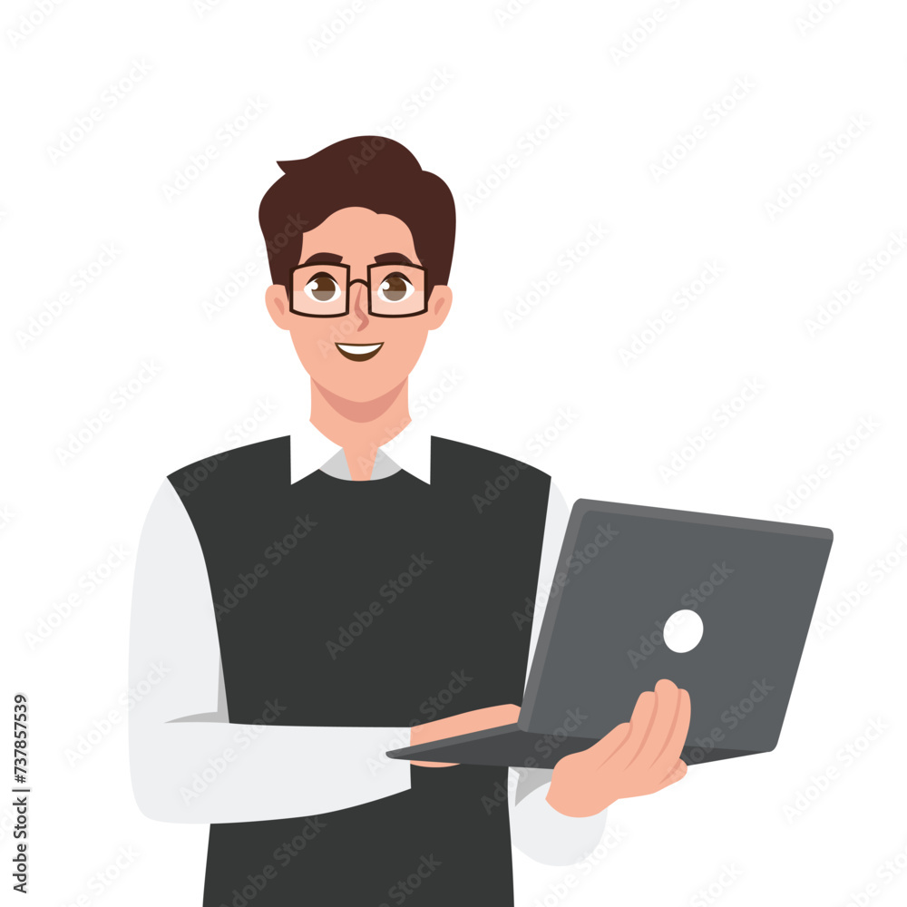 Successful young man holding or using laptop computer wearing glasses. Flat vector illustration isolated on white background Successful young man holding or using laptop computer wearing glasses. Flat vector illustration isolated on white background
