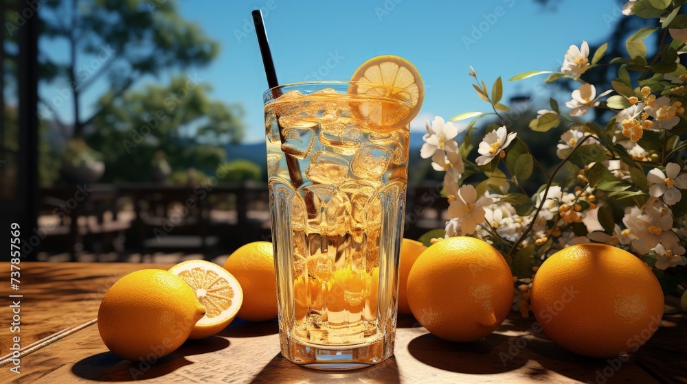 A cold glass of lemonade on a hot summer day - obrazy, fototapety, plakaty 