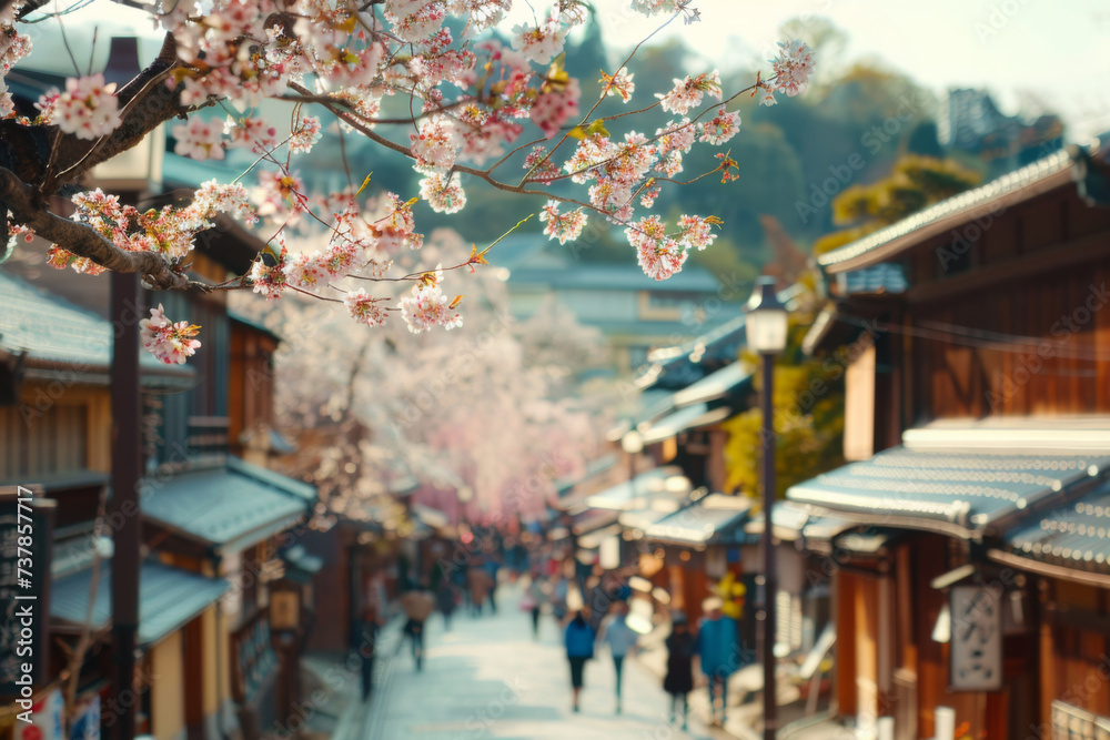Sakura is in full bloom at Kyoto old town, Japan, film photograph.