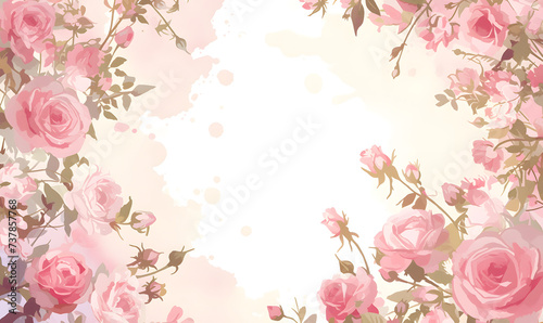 pink flower rose frame watercolor background, Generative AI 