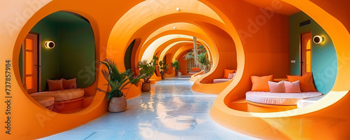 futuristic round retro architecture in orange tones