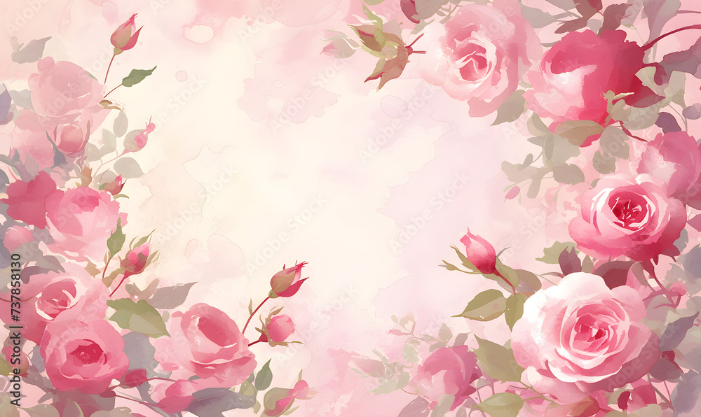 pink flower rose frame watercolor background, Generative AI 