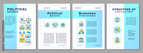 Political science blue brochure template. Government structure. Leaflet design with linear icons. Editable 4 vector layouts for presentation, annual reports. Arial-Black, Myriad Pro-Regular fonts used